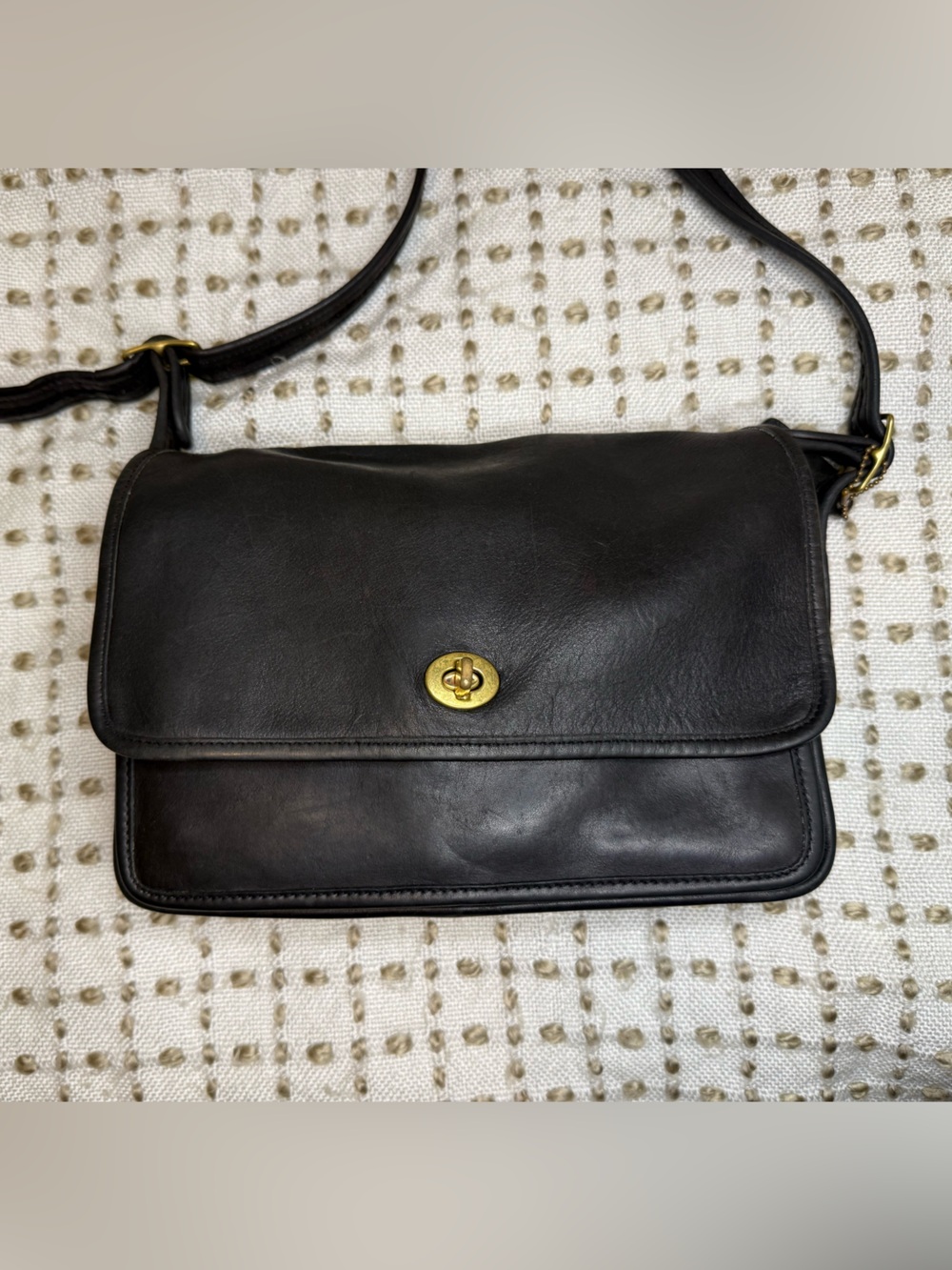 Vintage Coach Black Leather Tote with Gold Zipper Trim